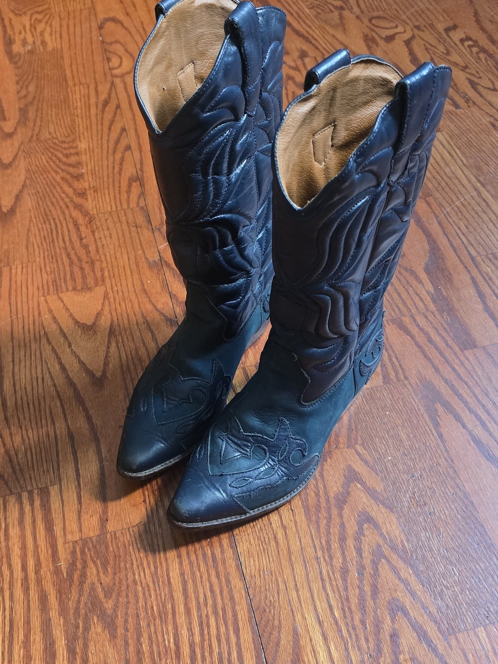 Navy Blue Leather Western Boots Pointed Snip Toe Overlay Sz 5.5M